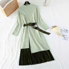 Set: Slit-front Knit Dress + Pleated Midi Skirt