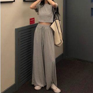Set: Crew-neck Short-sleeve Crop Top + Drawstring Wide-leg Pants