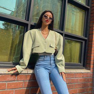 Collarless Puff-sleeve Cropped Jacket