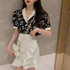 Short-sleeve Floral Print Shirt / Ruffle A-line Skirt