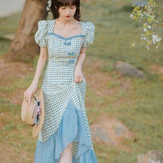Gingham Ruffle Hem Midi A-line Dress
