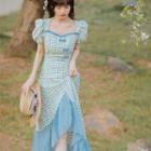 Gingham Ruffle Hem Midi A-line Dress