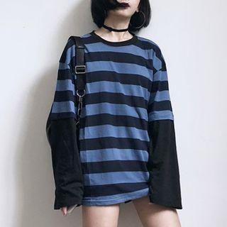 Mock Two-piece Striped Long-sleeve T-shirt Stripe - Blue - One Size