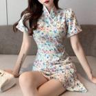 Floral Short-sleeve Ruffle Hem Mini A-line Qipao