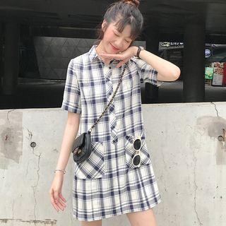 Short-sleeve Mini Plaid Shirtdress Plaid - Blue - One Size