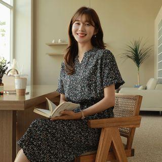 Frill-neck Tie-waist Midi Floral Dress