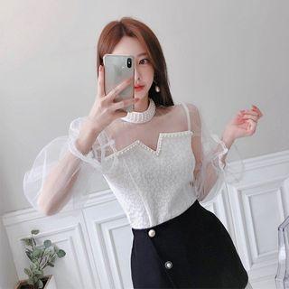 Faux-pearl Trim Sheer Panel Blouse