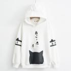 Cat Print Hoodie Fleece Lining - Japanese Characters & Cat - White - L