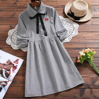 Long-sleeve Cherry Applique Plaid A-line Dress