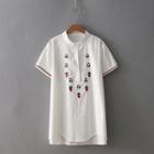 Short-sleeve Embroidered Placket Shirt White - One Size
