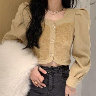 Long-sleeve Corduroy Panel Button-up Cropped Blouse Khaki - One Size