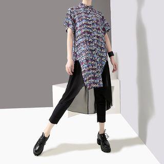 Lettering Plaid Short-sleeve Shirt Dress Yellow - One Size