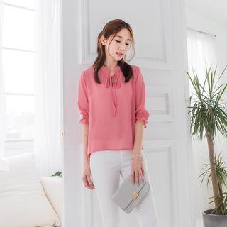 Elbow-sleeve Frilled Tie Neck Blouse