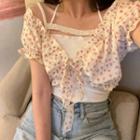 Lace Trim Camisole Top / Puff-sleeve Floral Print Blouse