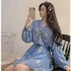Floral Embroidered V-neck Long-sleeve Blouse / Skirt