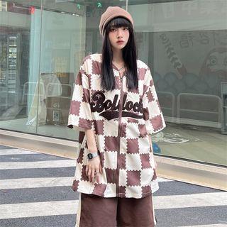 Elbow-sleeve Check Lettering Baseball Jacket
