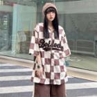 Elbow-sleeve Check Lettering Baseball Jacket