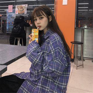 Long-sleeve Plaid Shirt Purple - One Size
