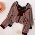 Ribbon Plaid Cropped Blouse Wine Red - One Size