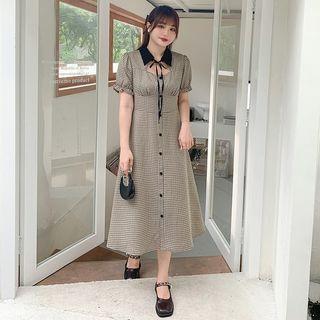 Puff-sleeve Tie-strap Plaid Dress