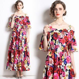 Elbow-sleeve Cold-shoulder Floral Maxi A-line Dress
