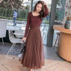 Long-sleeve Mock Two-piece Maxi Knit Mesh Dress