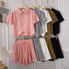 Set: Short-sleeve Plain Zipper Top + High-waist Shorts