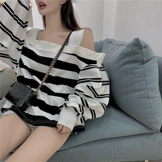 Striped Off-shoulder Long-sleeve Pullover