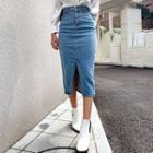 Slit-front Denim Long Pencil Skirt