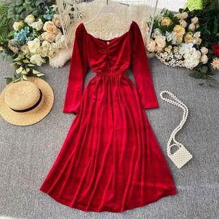 Long-sleeve Velvet Shirred Midi A-line Dress