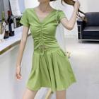Set: V-neck Short-sleeve T-shirt + A-line Skirt
