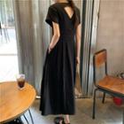 Short-sleeve Cut-out Plain Midi Dress Black - One Size