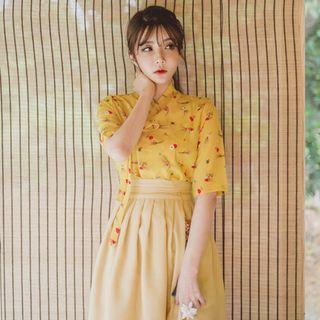 Elbow-sleeve Midi Skirt Hanbok Set (floral / Mustard Yellow)