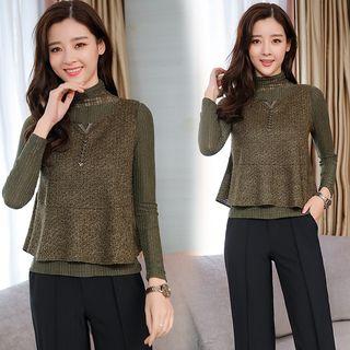 Set: Mock Collar Top + Sleeveless Knit Top