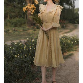 Ruffle-sleeve Floral Embroidery Midi Dress