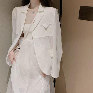 One-button Blazer / Strapless Mesh A-line Midi Dress