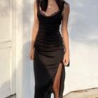 Spaghetti-strap Lace Trim Slit Midi Sheath Dress