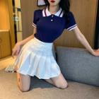 Contrast Stripe Short-sleeve Knit Top / Pleated Mini Skirt