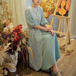 Set: Long-sleeve Lace Panel Midi Dress + Sleeveless Midi Dress + Bead Belt