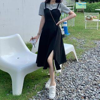 Short-sleeve Mock Two-piece Midi A-line Dress / Mini Dress