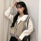 Long-sleeve Layered Collar Blouse / Buttoned Argyle Knit Vest