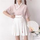 Set: Striped Elbow-sleeve Wrap Top + Pleated Skirt Mauve - One Size