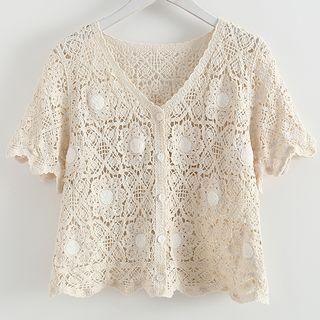 Short-sleeve Lace Button-up Top