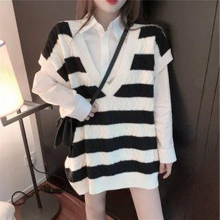 Short-sleeve Striped Knit Top / Long-sleeve Plain Shirt