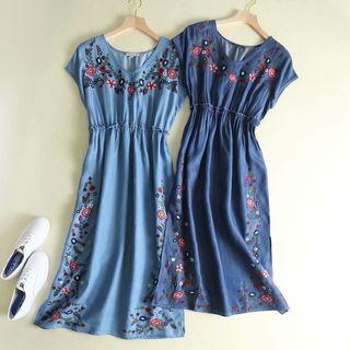 Short-sleeve Embroidered Maxi Denim Dress