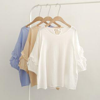 Elbow-sleeve Frill Trim Blouse