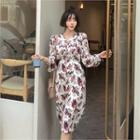 Puff-shoulder Floral Midi Dress Ivory - One Size