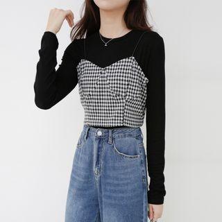 Set: Long-sleeve Top + Gingham Cropped Camisole Top