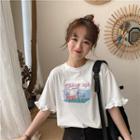 Short-sleeve Frill Trim Cartoon Print T-shirt