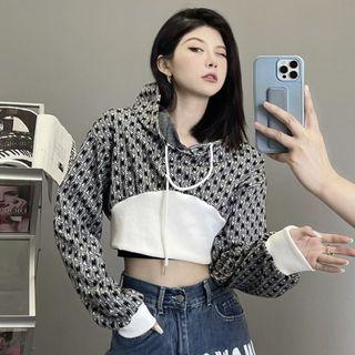 Cropped Print Hoodie Black - One Size